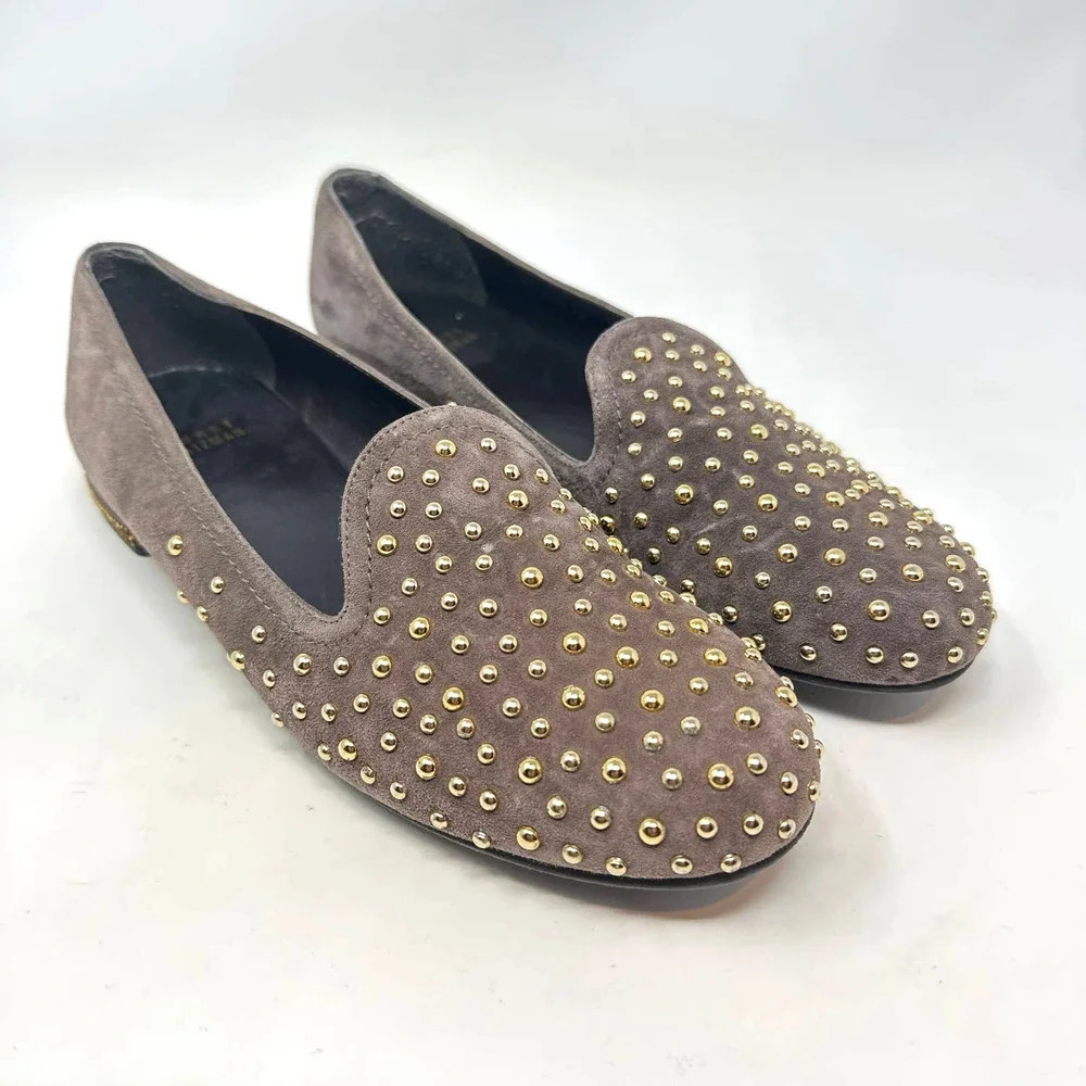 Stuart Weitzman Brown Tan Suede‎ Gold Studded Flat Loafers Size US 7.5